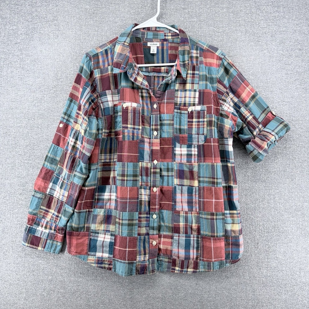 LL Bean Patchwork Shirt Women XL Multicolor Plaid Outdoor Roll Tab Button Up